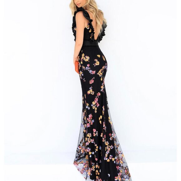 Tarik Ediz - Ruffle Trimmed Floral Sequined Gown - Picture 3 of 9